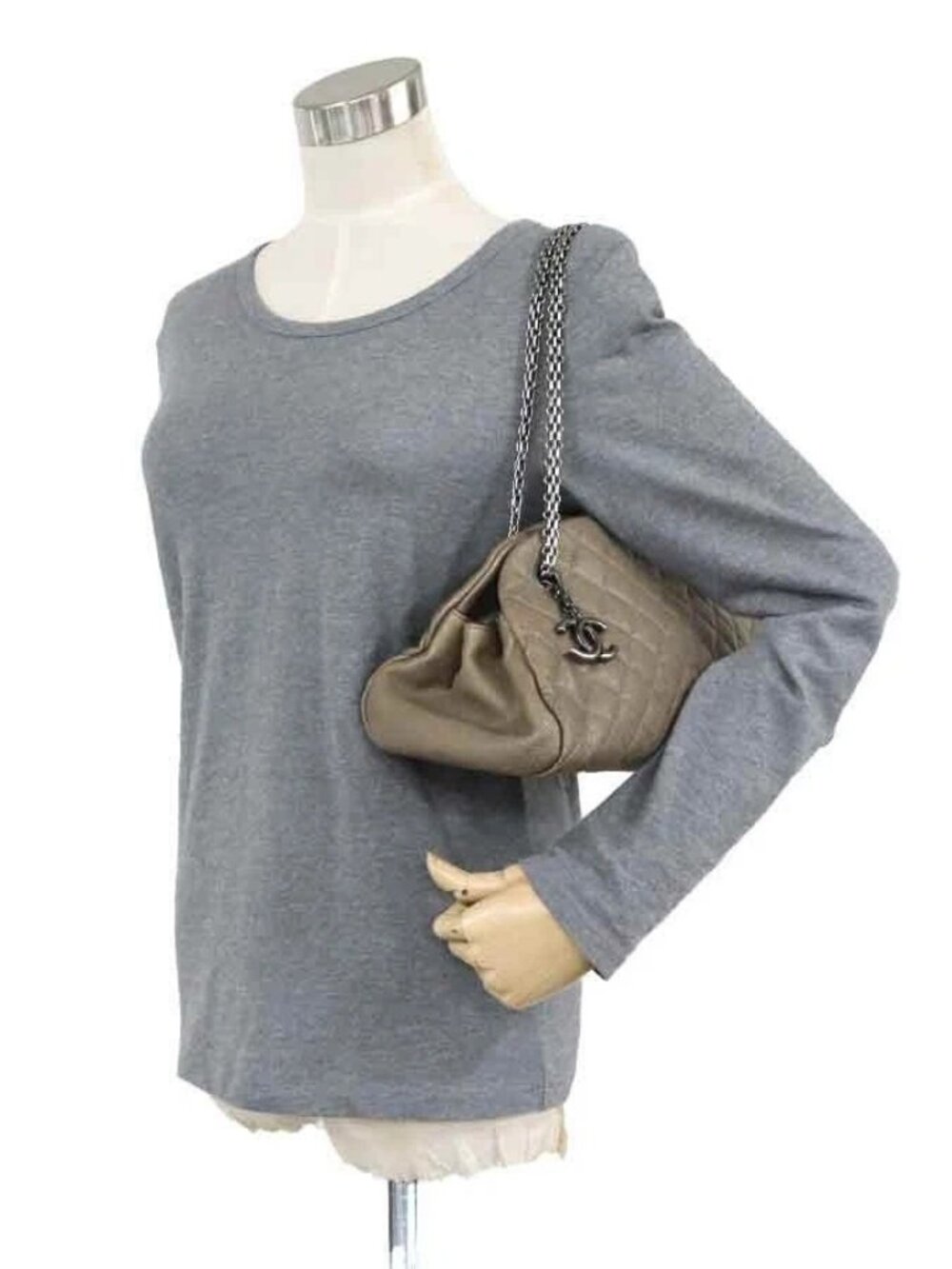 CHANEL Chain Handbag Khaki Brown Leather/Metal